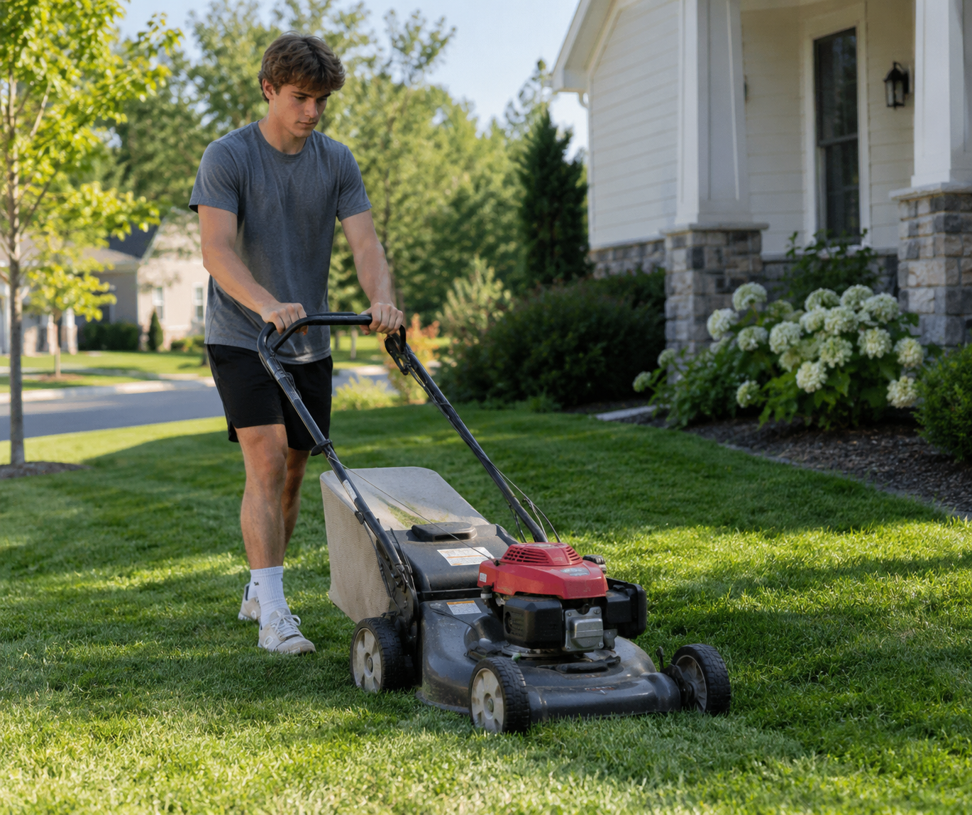 My son mowed the lawn for the widow that lives down the street.