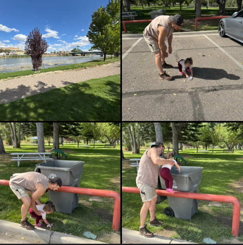 Grand baby and grandpa helping to clean up the park. Making sure litter got into the trash.